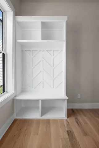 a view of a small space with shelf