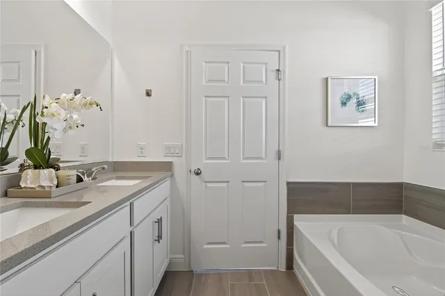 a bathroom with a tub sink and mirror