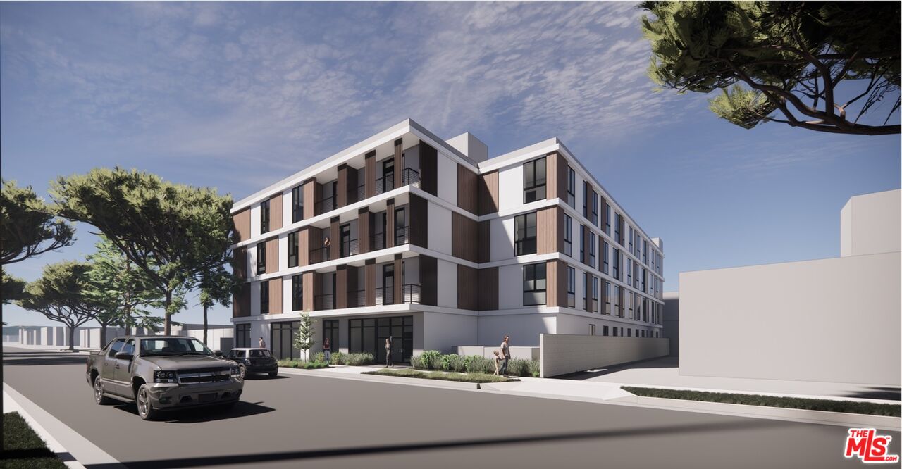 a front view of a building with street view