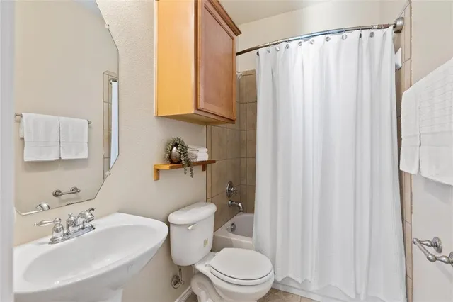 a bathroom with a sink a toilet and shower curtain