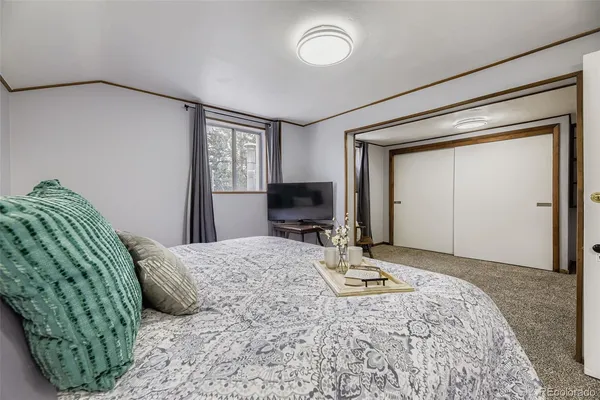 a bedroom with a bed and a television