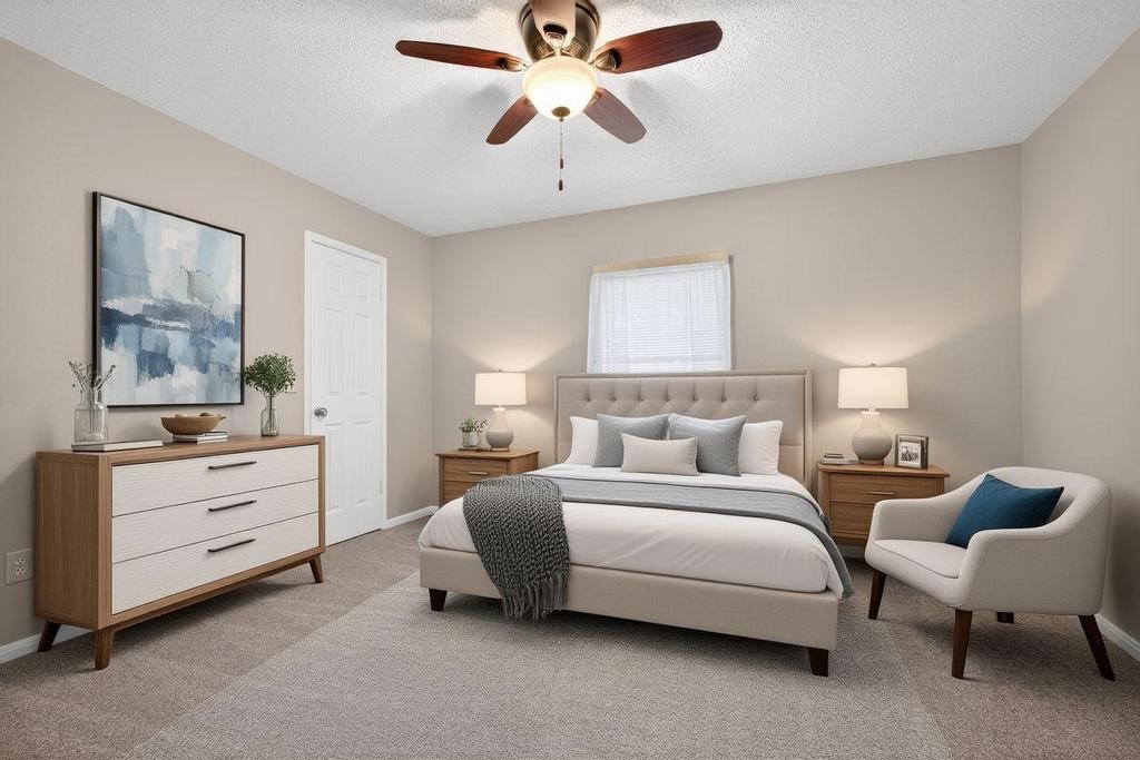 8815 Stoney Bend Drive Spring, TX 77379 - Photo 26 of 50 This is a cozy bedroom featuring a neutral color palette with beige walls and carpet. A ceiling fan provides comfort.