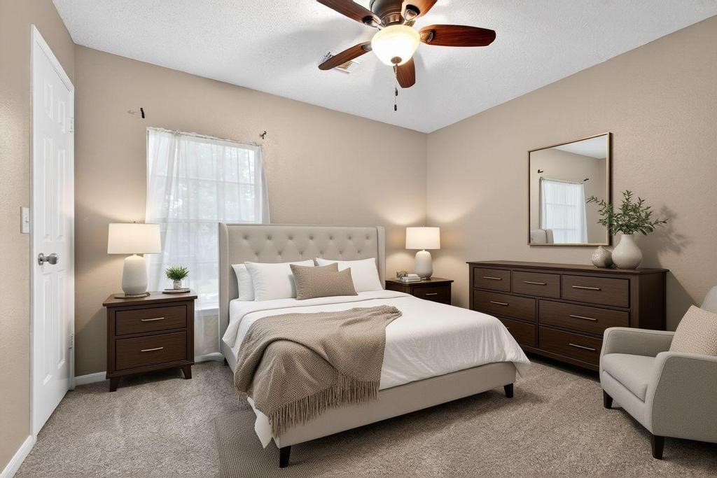 8815 Stoney Bend Drive Spring, TX 77379 - Photo 28 of 50 This cozy bedroom features a neutral color palette. A ceiling fan enhances comfort, and natural light filters through creating a warm, inviting ambiance.
