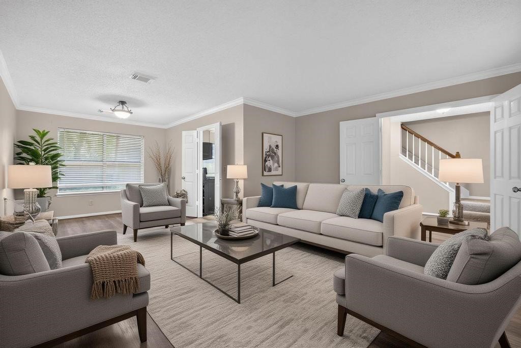 8815 Stoney Bend Drive Spring, TX 77379 - Photo 3 of 50 This inviting living room features neutral tones and ample natural light. It offers a spacious seating area with a cozy ambiance, perfect for relaxation and entertaining. The room is well-lit with stylish lamps and has access to other parts of the home, including a staircase.