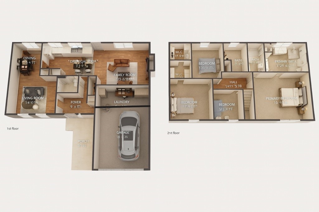 8815 Stoney Bend Drive Spring, TX 77379 - Photo 50 of 50 This floor plan features a two-story layout. The first floor includes a living room, dining area, kitchen, family room, laundry room, and a garage. The second floor contains four bedrooms, including a primary bedroom with an en-suite bathroom, and an additional bathroom. A foyer and porch complete the design.