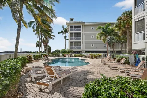 an aerial view of a swimming pool