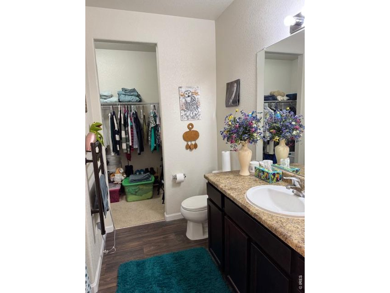 2865 Big Thunder Road Berthoud, CO 80513 - Photo 27 of 35 a bathroom with a granite countertop sink a toilet and a mirror