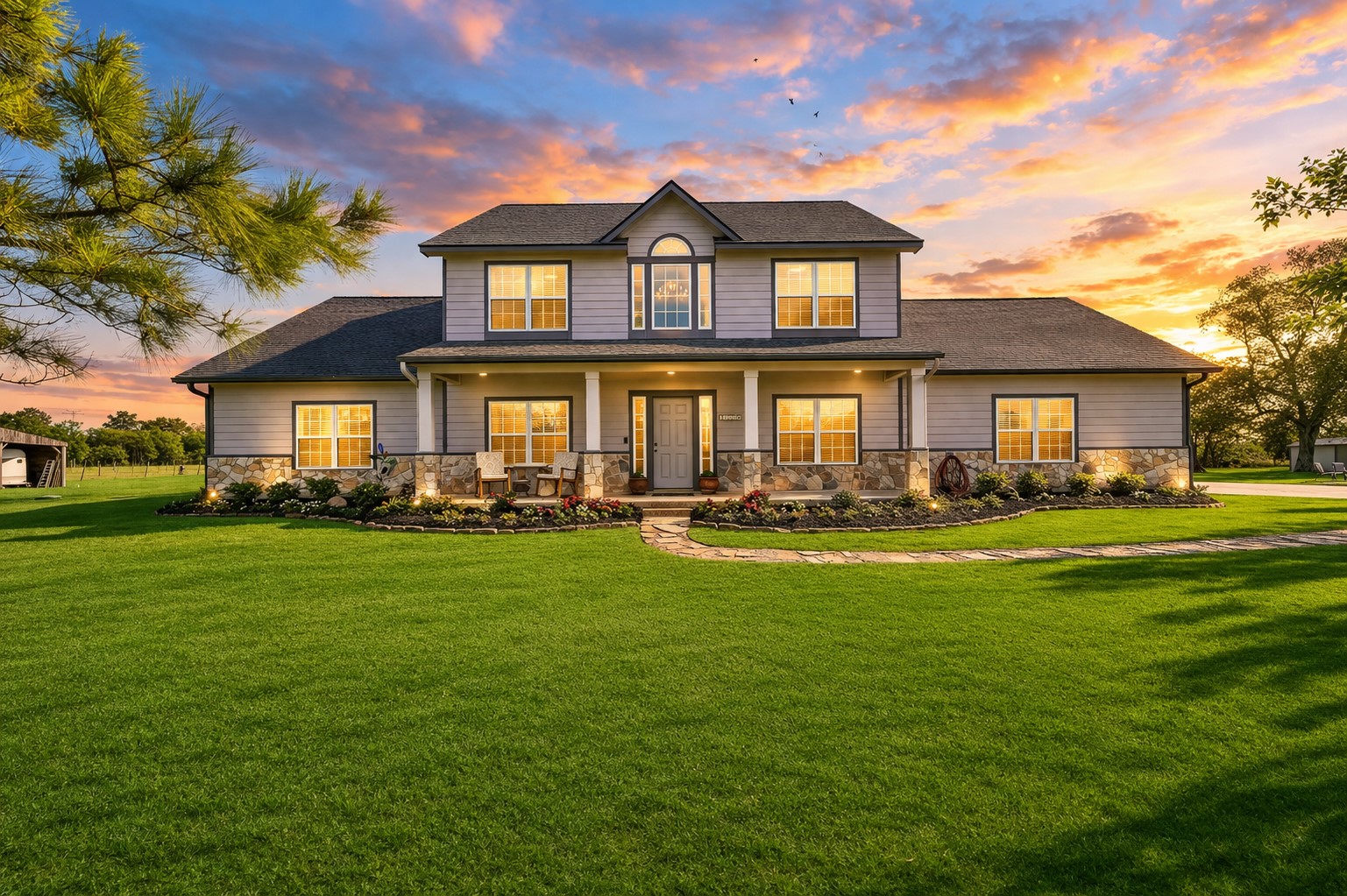 1404 Hollier Road Friendswood, TX 77546 - Photo 2 of 46 Set on 6+ tree-lined acres, this well-maintained 2601 SF home offers a peaceful country setting with no HOA restrictions. The stone and Hardie plank exterior, new 2024 roof, and expansive lawn create a welcoming first impression with room to grow and roam.