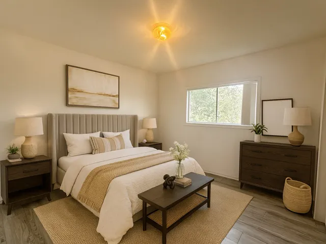 a bedroom with a bed and a night stand