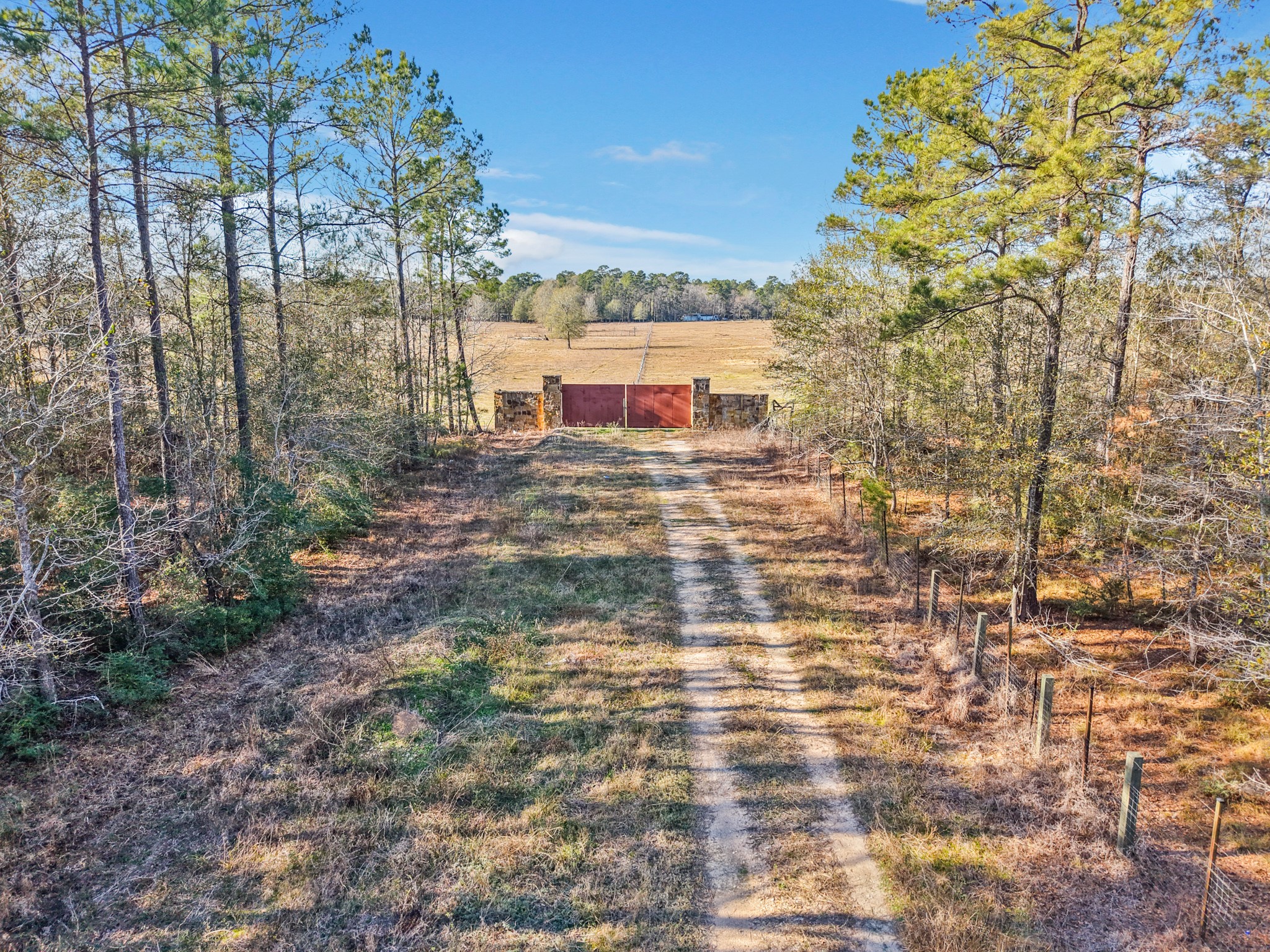 9789 North Walker Road Cleveland, TX 77328 - Photo 4 of 10 This photo captures the main entrance to the property, featuring a long, private drive framed by mature trees that leads to a gated entry. The gate provides a sense of privacy and separation from the road while opening to expansive pastureland beyond.
