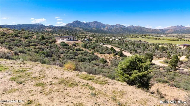 a view of a town with mountains in the background