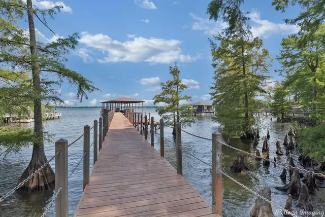 a view of water pond with green yard