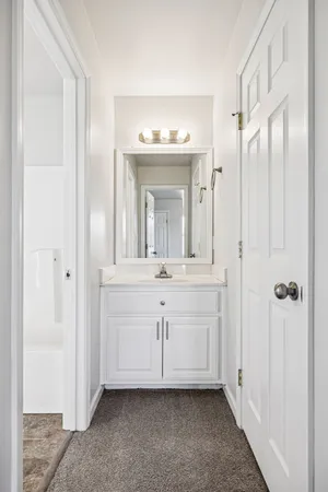 a bathroom with a double vanity sink mirror and shower