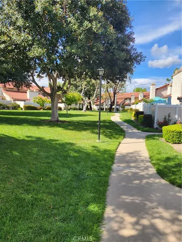 a view of a park with large trees