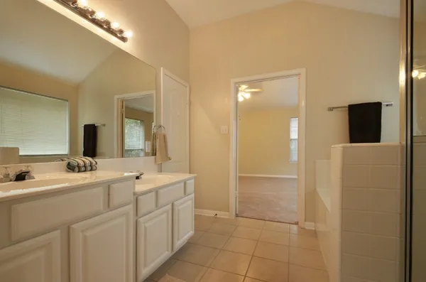 a bathroom with a double vanity sink a mirror and a shower