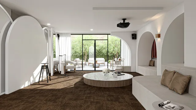 a dining room with furniture and a chandelier