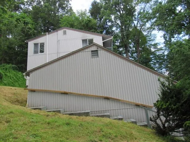 a side view of a house with a yard and large trees