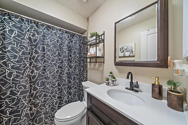 a bathroom with a sink a toilet and shower curtain