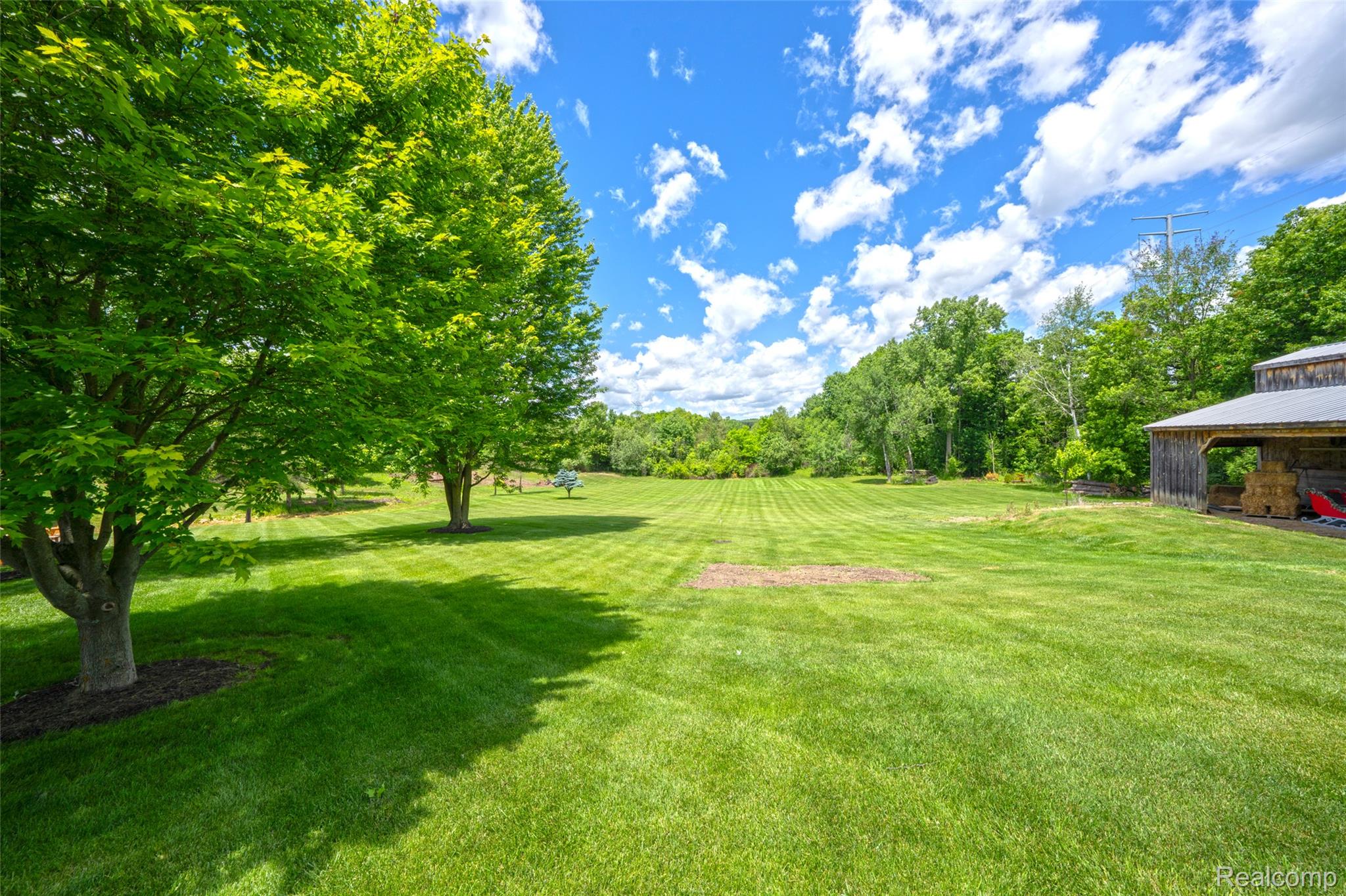 5233 Crawford Road Dryden, MI 48428 - Photo 15 of 95 Expansive green lawn with mature trees and a rustic barn structure