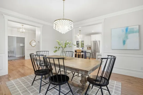 a view of a dining room with furniture wooden floor and chandelier