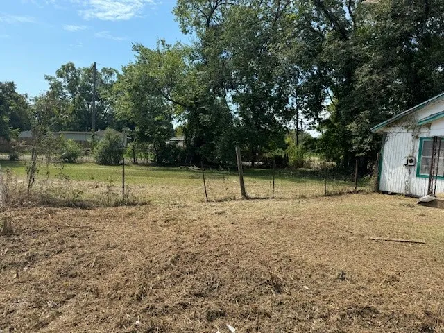 a view of a park with large trees
