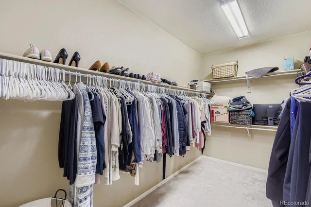 a view of walk in closet with clothes and shoes