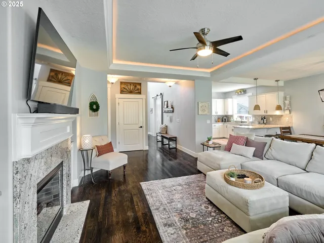 a living room with furniture and a fireplace