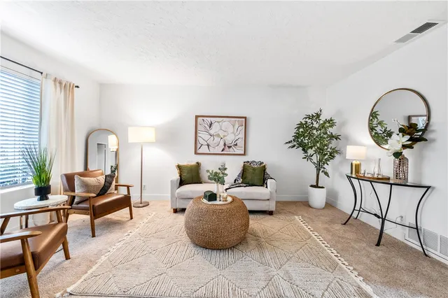 a living room with furniture and a potted plant