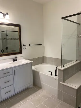 a bathroom with a tub sink and mirror