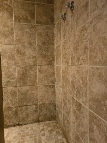 a bathroom with a toilet and a shower