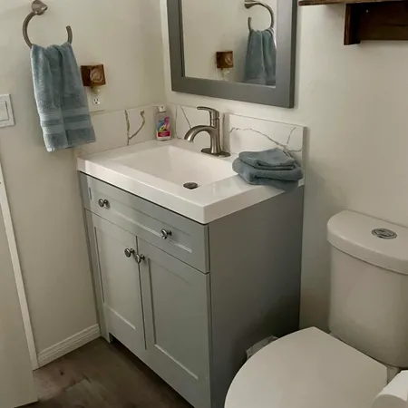a bathroom with a sink toilet and mirror