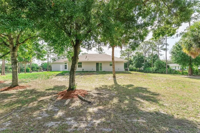 a backyard of a house with table and chairs plants and large tree