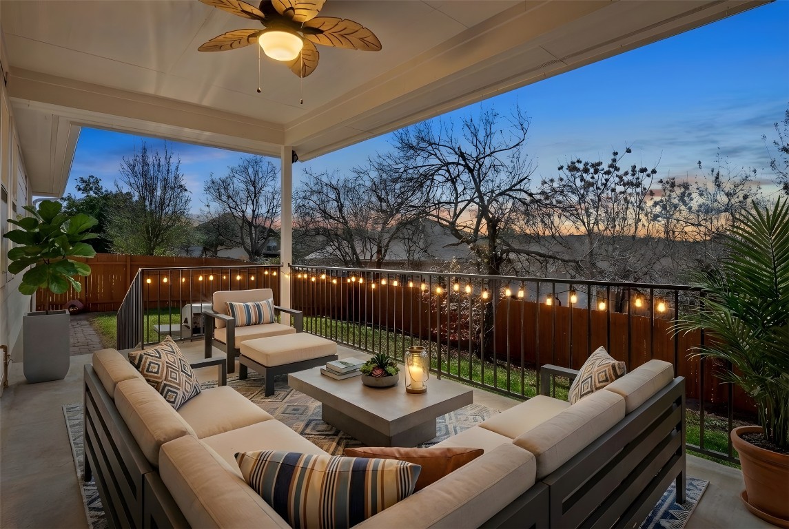 601 Red Hawk Drive Leander, TX 78641 - Photo 2 of 40 Virtually staged - Fenced backyard with a ceiling fan, an outdoor hangout area, and a patio area