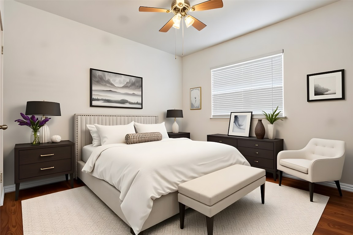 601 Red Hawk Drive Leander, TX 78641 - Photo 29 of 40 Virtually staged - Bedroom #4 with light wood finished floors and ceiling fan