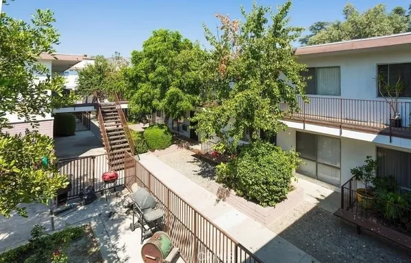 a view of a backyard with plants and a patio