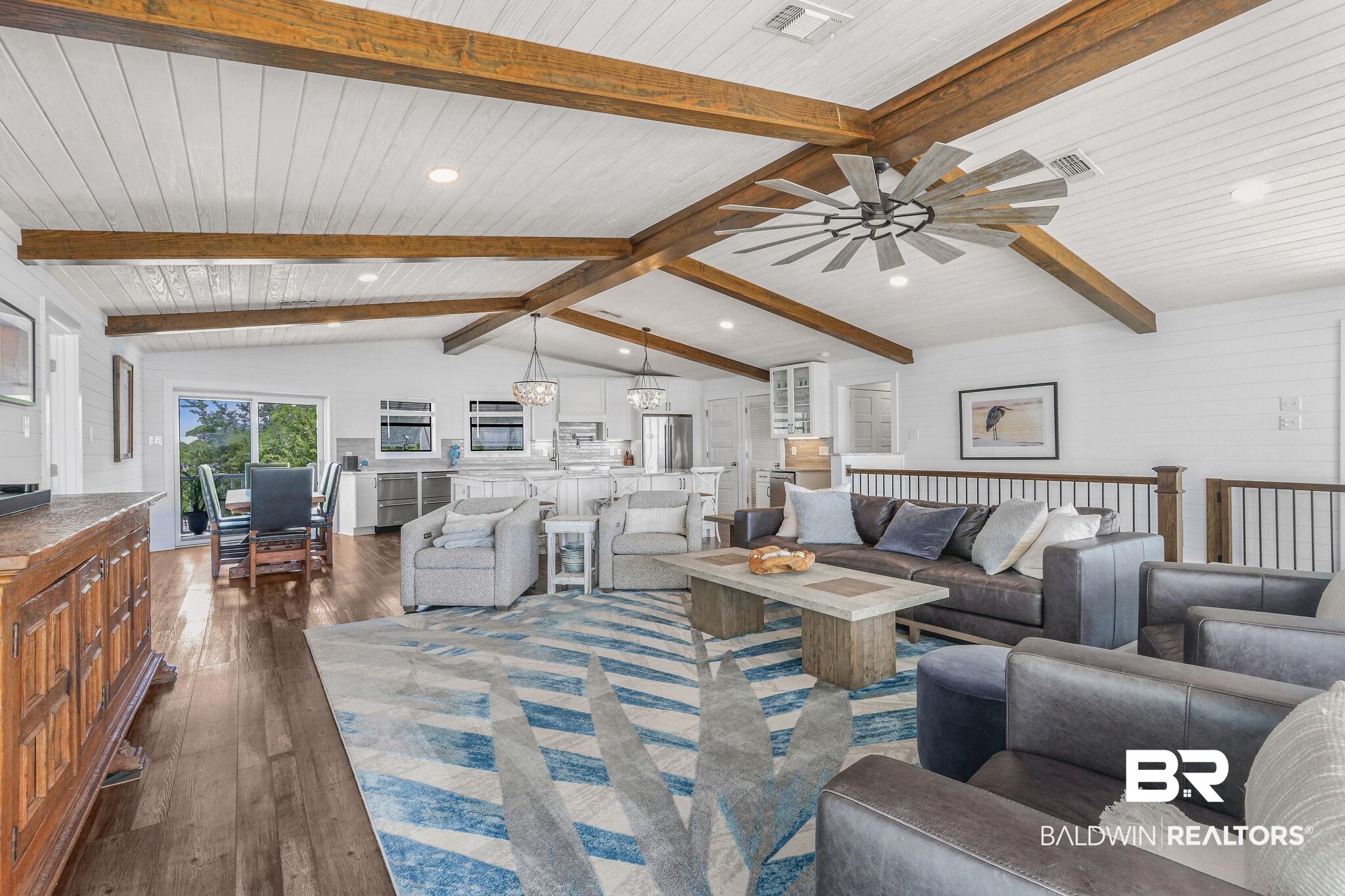 32130 River Road Orange Beach, AL 36561 - Photo 6 of 51 Living area with dark wood finished floors, wooden ceiling, recessed lighting, and ceiling fan