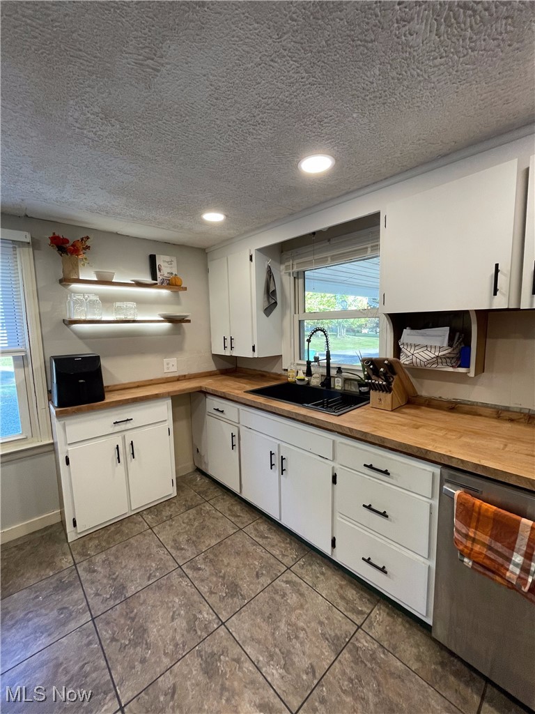 12337 Vincent Road Mount Vernon, OH 43050 - Photo 8 of 34 Kitchen featuring dishwasher, sink, a textured ceiling, and white cabinetry