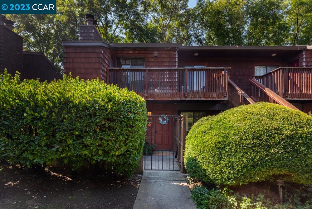 a view of a house with a small yard plants and large tree
