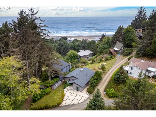 an aerial view of ocean with residential house and trees
