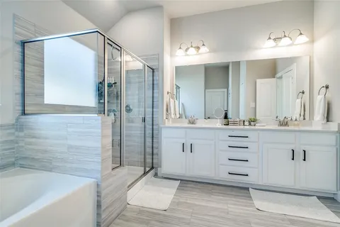a bathroom with a double vanity sink mirror and bathtub