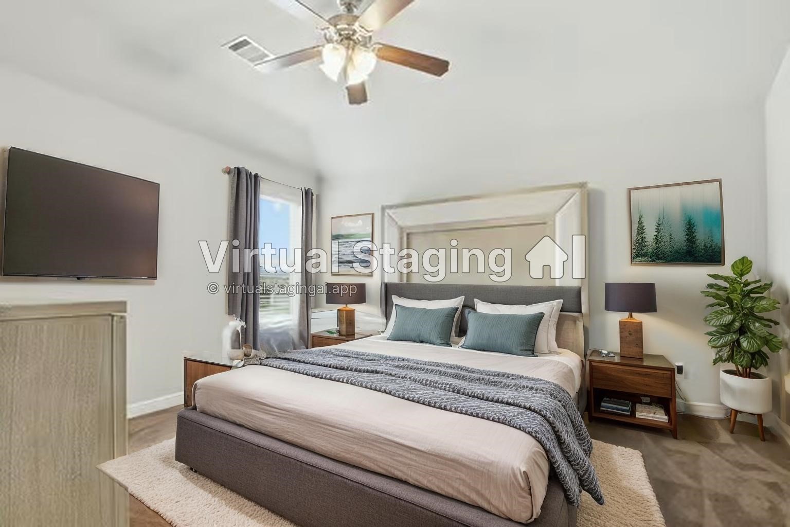 24714 Longwood Forest Drive Spring, TX 77373 - Photo 13 of 21 This bedroom features a cozy, modern design with a large bed, stylish bedding, and decorative pillows. It includes a ceiling fan, wall-mounted TV, and ample natural light from the window. The room is accented with tasteful artwork, a green plant, and wooden furniture for a warm ambiance.