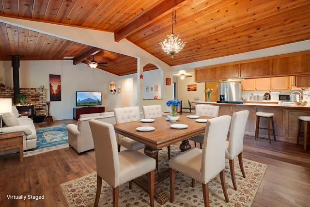 a view of a dining room with furniture