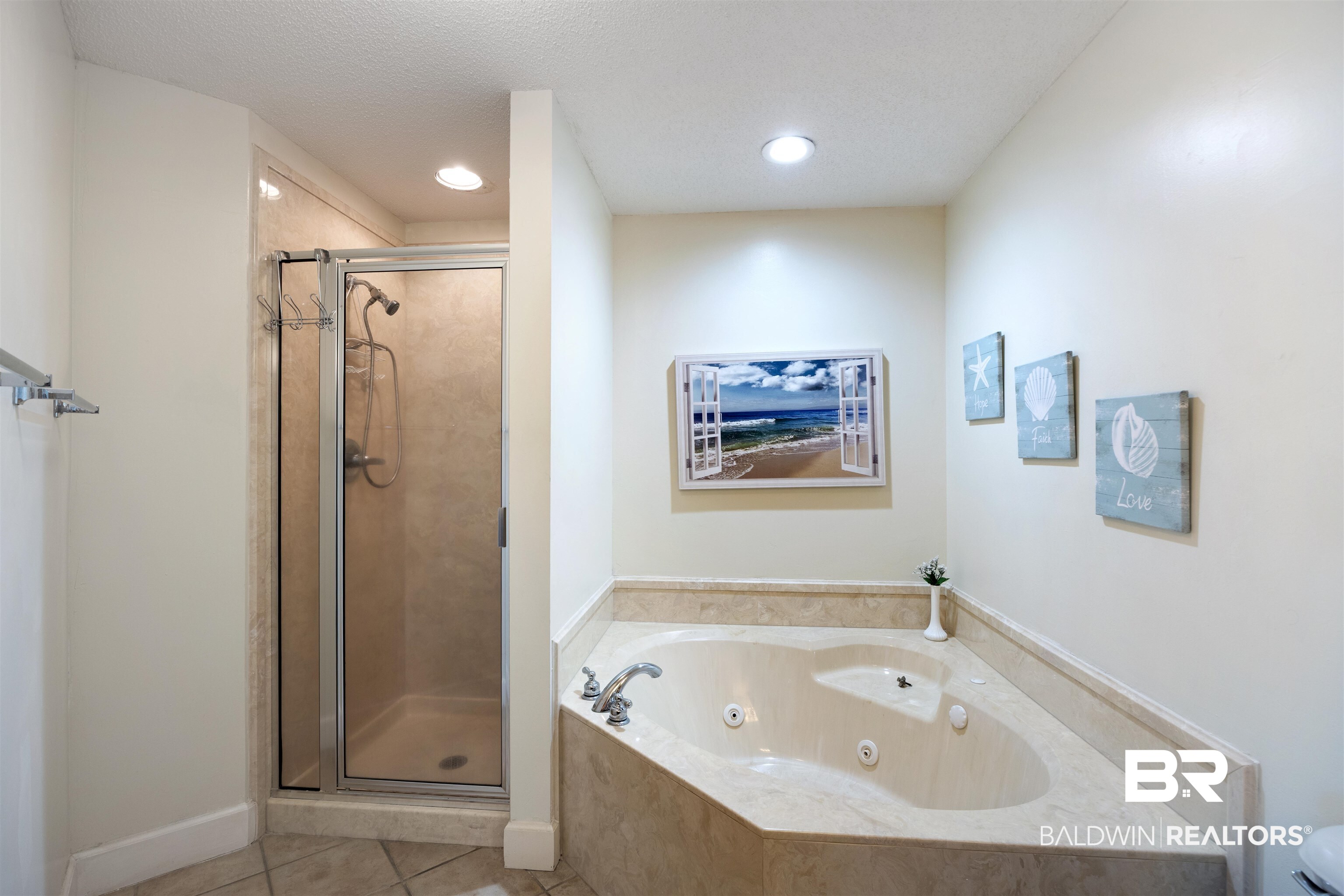 27580 Canal Road, Unit 1431 Orange Beach, AL 36561 - Photo 23 of 73 Full bath featuring a jetted tub, a shower stall, light tile patterned flooring, and recessed lighting