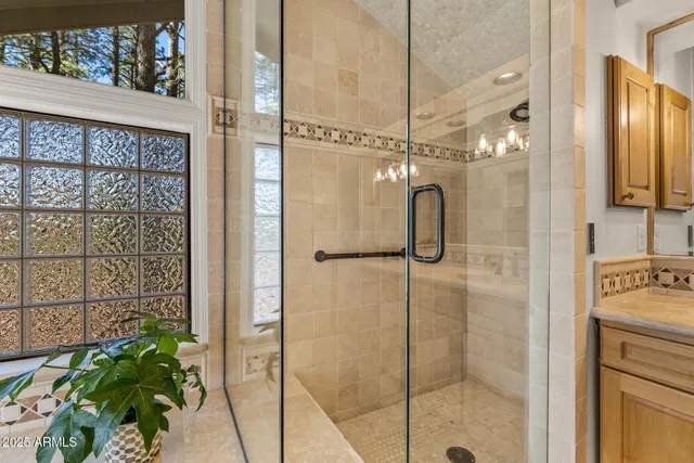 a bathroom with a granite countertop sink toilet a large mirror a shower and