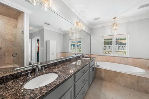 a bathroom with a granite countertop tub a double vanity sink a vanity and a large mirror
