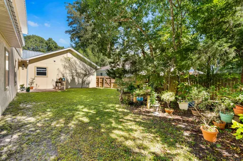 a backyard of a house with plants and large tree