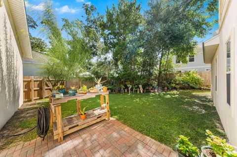 a backyard of a house with plants and large tree