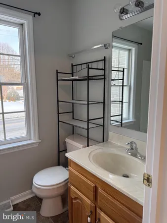 a bathroom with a sink toilet and window