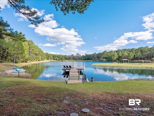 4650 Wiggins Lane Wilmer, AL 36587 - Photo 38 of 66 Dock area with a wooded view, a water view, and a yard