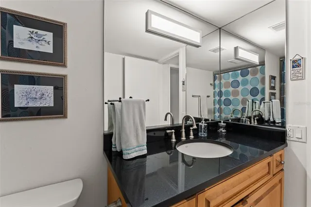 a bathroom with a sink double vanity and a mirror